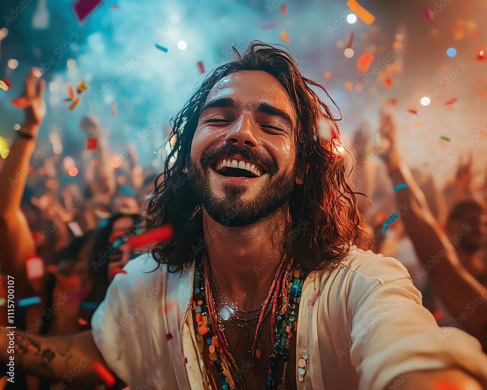 Obraz premium Happy Festival Goer Enjoying Music and Celebration with a Joyful Smile, Expressing Freedom and Excitement at a Vibrant Party, Immersed in Festival Vibes and Colorful Atmosphere