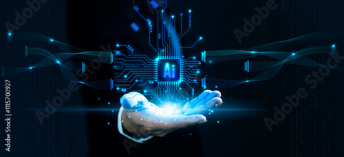 Businessman is showing ia technology against dark blue background.  Artificial intelligence concept.