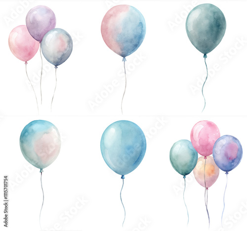 A set of six watercolor balloons with different colors and sizes