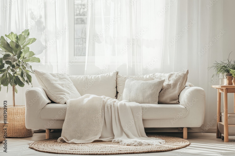 Fototapeta premium A bright and airy living room featuring a cozy neutral-colored sofa adorned with soft pillows, infused with natural light and an inviting, calming atmosphere.