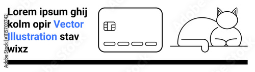 Credit card with chip and four icons on bottom next to relaxed sitting cat with curled tail. Ideal for financial security, online shopping, banking, relaxation, e-commerce, personal finance, customer
