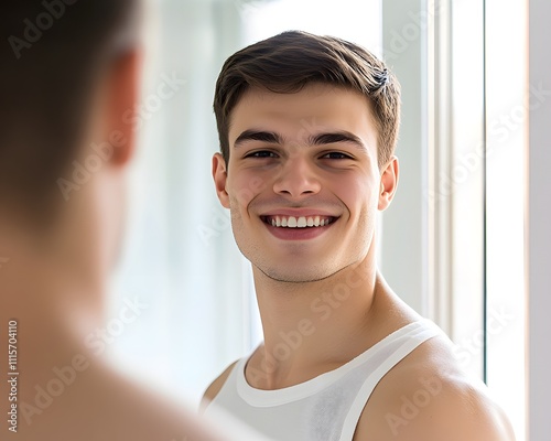 A smiling young man in the morning looks strong and healthy, creating a feeling of freshness and energy. Suitable for use in a health care product ad or a campaign to promote a quality start the day. photo