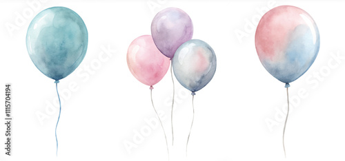 A set of watercolor balloons in various colors, including pink, blue, and purple