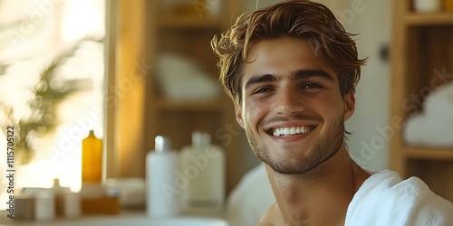 A smiling young man in the morning looks strong and healthy, creating a feeling of freshness and energy. Suitable for use in a health care product ad or a campaign to promote a quality start the day. photo