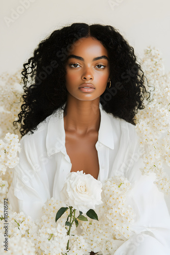 Portrait of a beautiful young black woman, seated, wearing an oversized white linen shirt, holding a single withered white rose, petals falling like unsent letters, surrounded by a field of flowers. photo