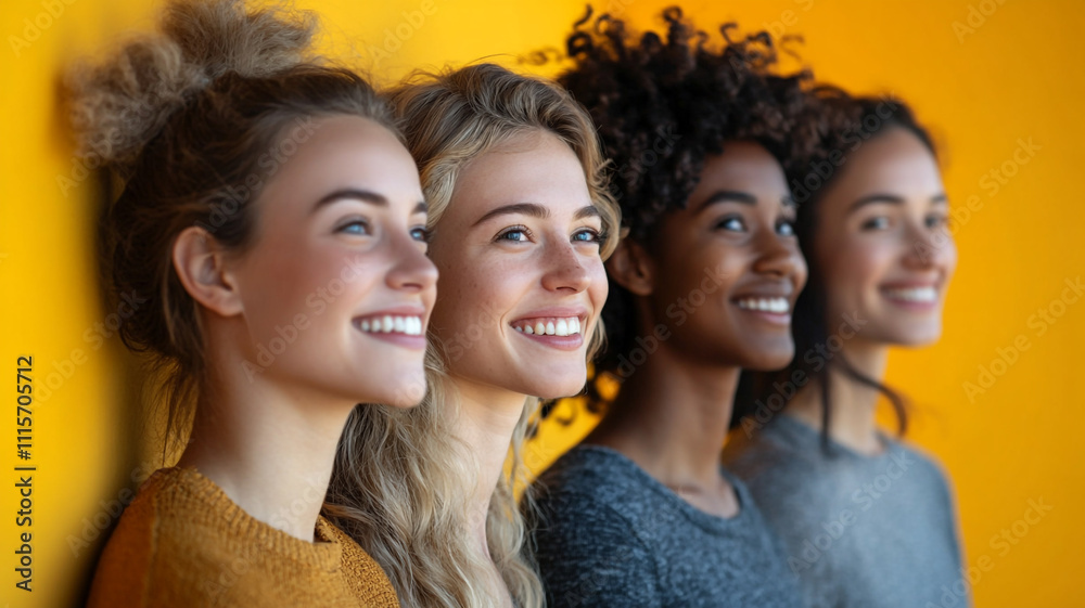 Obraz premium Three charming individuals standing in line, vivid yellow backdrop, joyful smiles, glancing aside, clear light