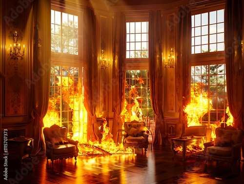 Ultra realistic photograph of a fire in an elegant living room, large windows with burning curtains, armchairs and furniture ablaze, cinematic lighting. photo