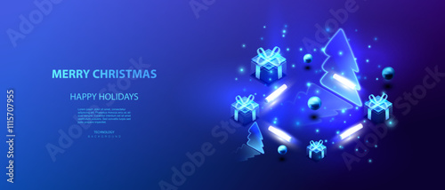 Ai Merry Christmas technology and business holidays isometric vector background. Isometric holiday tree and gift box. Christmas big data banner. Neon lamps futuristic digital card.