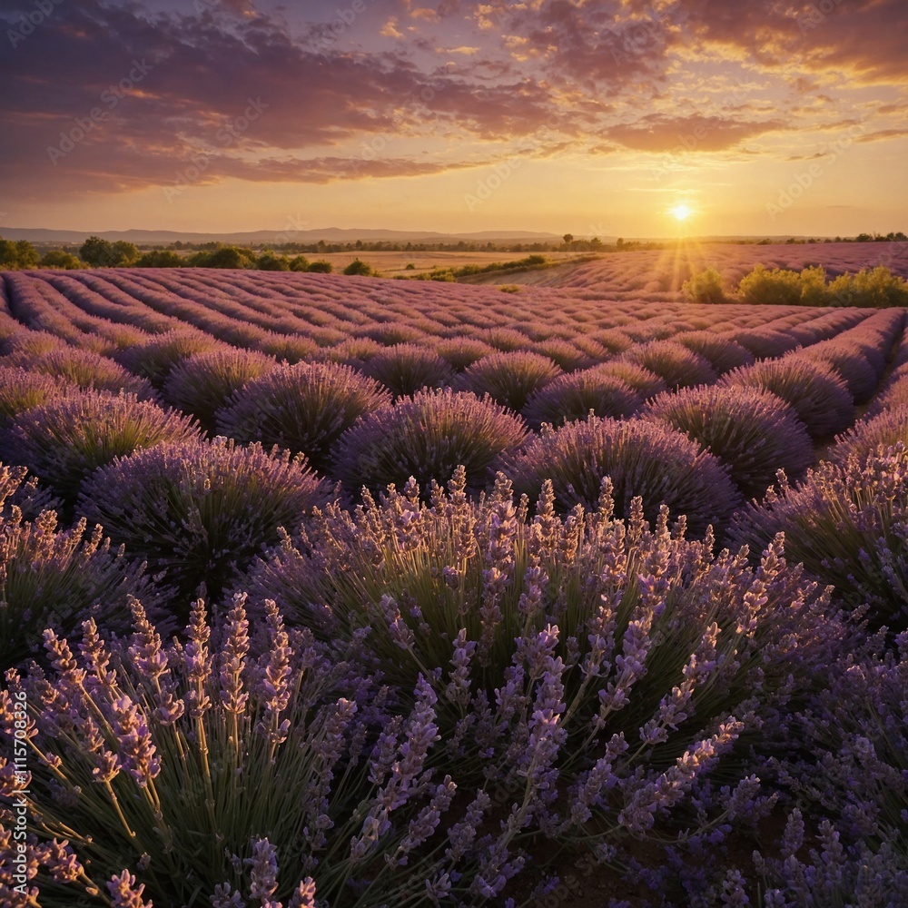 A beautiful fresh field of lavender under a golden evening sky. A beautiful fresh field of lavender under a golden evening sky.