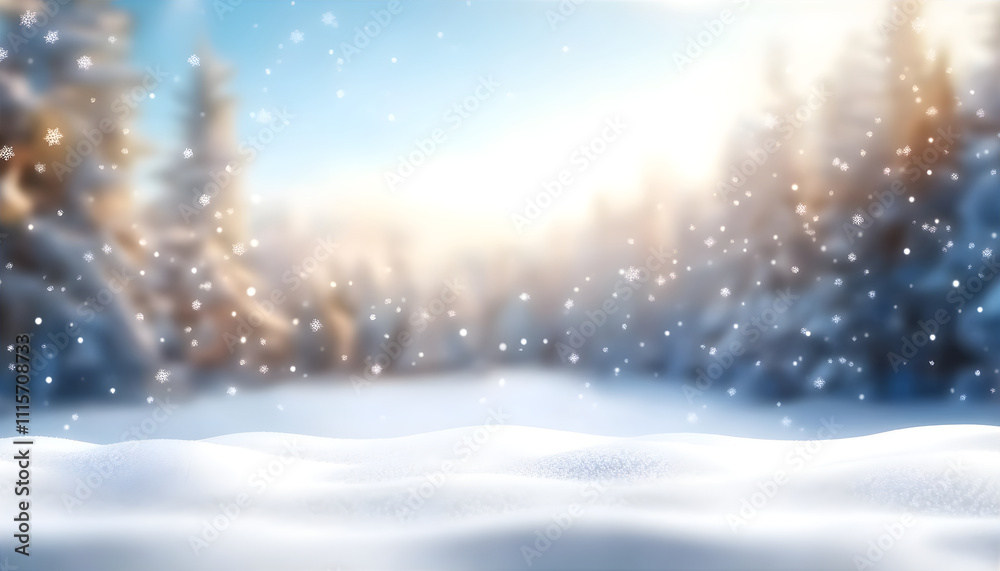 Abstract winter blurry background with snowy forest. Morning colors banner. Happy New year and Christmas background for banners, flyers and greeting cards. Abstract winter blurry background with snowy forest. Morning colors banner. Happy New year and Christmas background for banners, flyers and greeting cards.