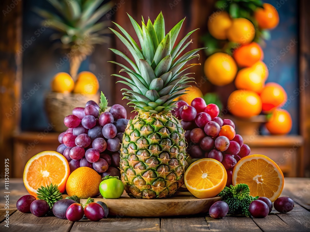 Fresh and Vibrant Fruit Arrangement Featuring Pineapple, Oranges, and Grapes Perfect for Healthy Eating Promotions, Summertime Refreshments, and Colorful Culinary Displays Fresh and Vibrant Fruit Arrangement Featuring Pineapple, Oranges, and Grapes Perfect for Healthy Eating Promotions, Summertime Refreshments, and Colorful Culinary Displays
