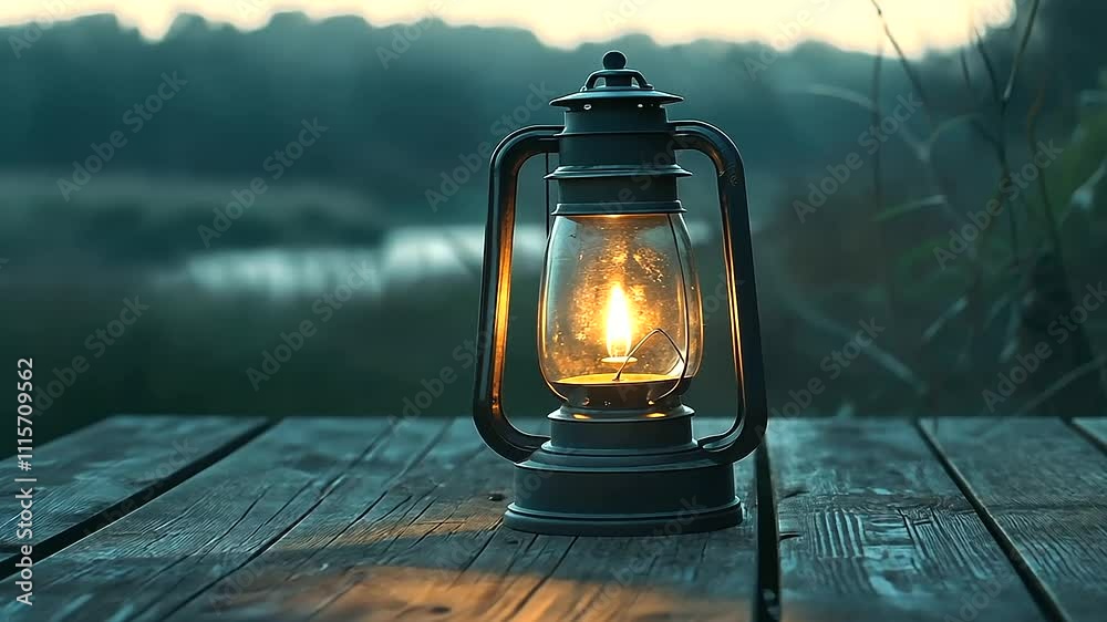 Antique Oil Lantern on Rustic Wooden Surface with Flickering Flame