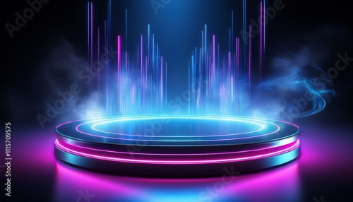 Gleaming Round Stage with Misty Smoke and Vertical Lights
