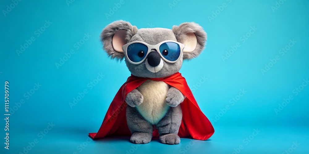 Fototapeta premium Full-Body Photo of an Adorable Superhero Koala in Sunglasses Against a Minimalist Blue Background for Whimsical and Playful Stock Photography Needs