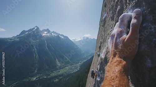 Close-up of climber's hand on steep rock face, overlooking sceni photo