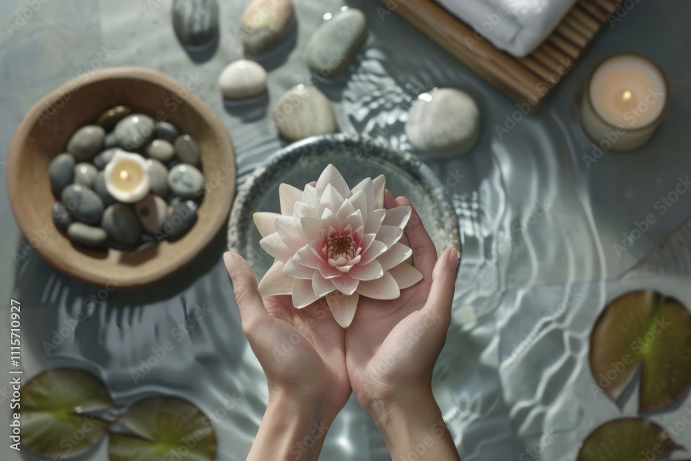 Serene Spa Setting with Person Holding a Lotus Flower Amidst Tranquil Water and Natural Elements for Relaxation and Mindfulness Experience Serene Spa Setting with Person Holding a Lotus Flower Amidst Tranquil Water and Natural Elements for Relaxation and Mindfulness Experience