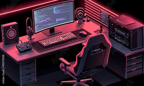 A modern gaming and programming setup featuring a sleek desk, monitor, and peripherals. photo