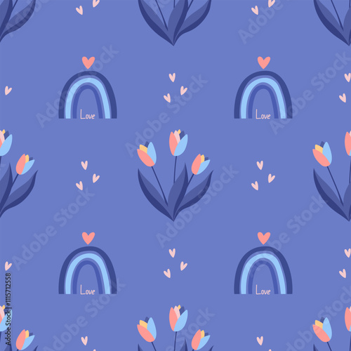 Cute seamless pattern with tulip. Vector Pastel background. Valentines day and love