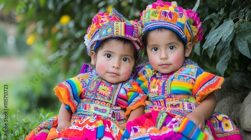 Vibrant Ecuadorian Twin Children Embracing Cultural Pride in Otavalo Dress in Andean Village