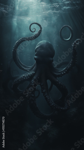 Phone wallpaper: dark octopus in the deep sea, its tentacles dancing gracefully as it moves through an underwater world filled with mystery and beauty