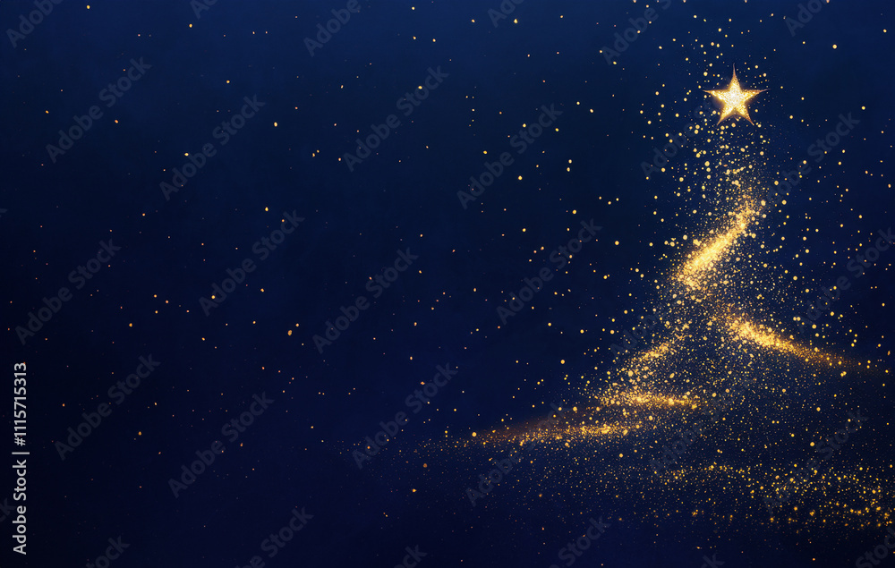 Obraz premium Glittering Xmas Tree with Shiny Star, Christmas Lights, and Sparkling Particles with Dark Blue Night Background