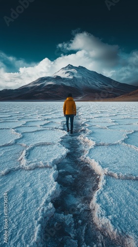 Exploring the vast salt flats under a dramatic mountain sky