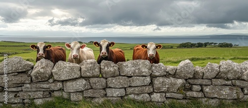 Cows Peeking Over a Stone Wall