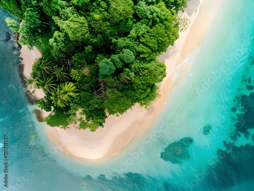 Aerial view of a small tropical island with lush greenery, white sand beach and turquoise waters.