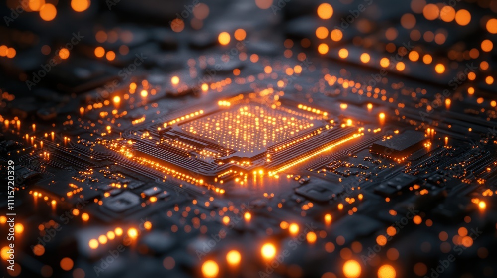 Naklejka premium Glowing CPU on circuit board.