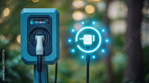 Electric vehicle generator icon with EV plug symbol visualized photo