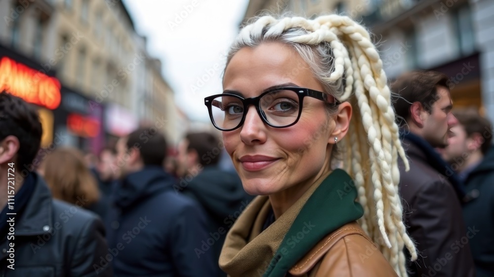 Fototapeta premium woman with white dreadlocks and glasses stands at a rally