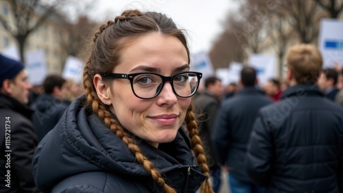 Beautiful white woman with dreadlocks and glasses looking at camera at rally among crowd of people