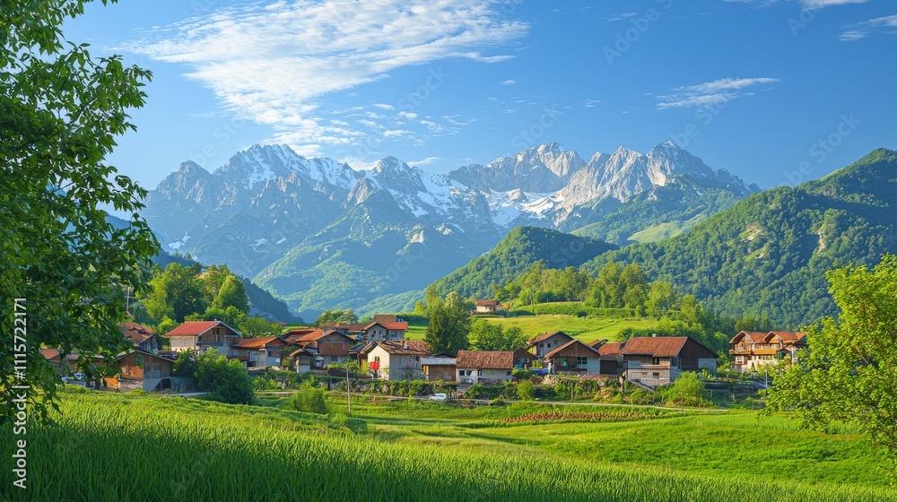 Scenic rural village surrounded by majestic mountains beautiful landscape photography serene environment daytime viewpoint Scenic rural village surrounded by majestic mountains beautiful landscape photography serene environment daytime viewpoint