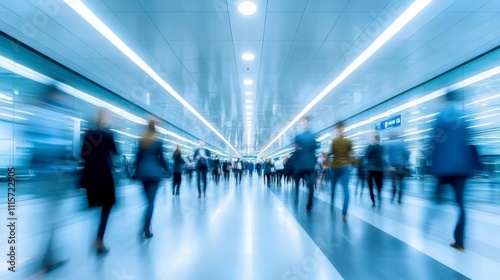 A dynamic long exposure image of business people moving quickly through an office lobby with a blur effect emphasizing the busy nature and fast pace of the corporate environment.