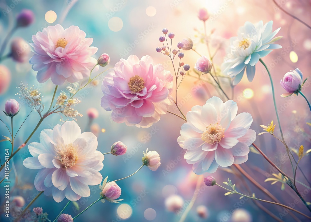 Obraz premium Serene Double Exposure of Delicate Flowers Merging with Soft Pastel Gradient Background for a Tranquil Atmosphere