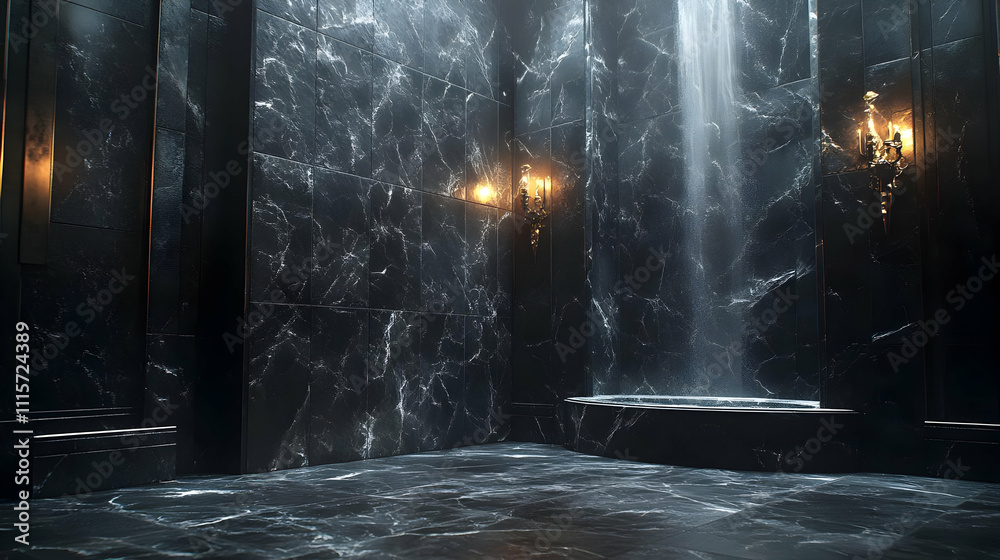Fototapeta premium Black Marble Interior Background with Golden Lights