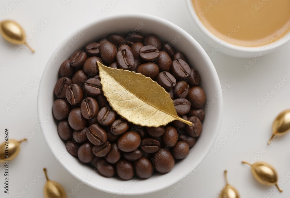 Fototapeta premium Coffee beans and cup of coffee on white background, top view. AI generated