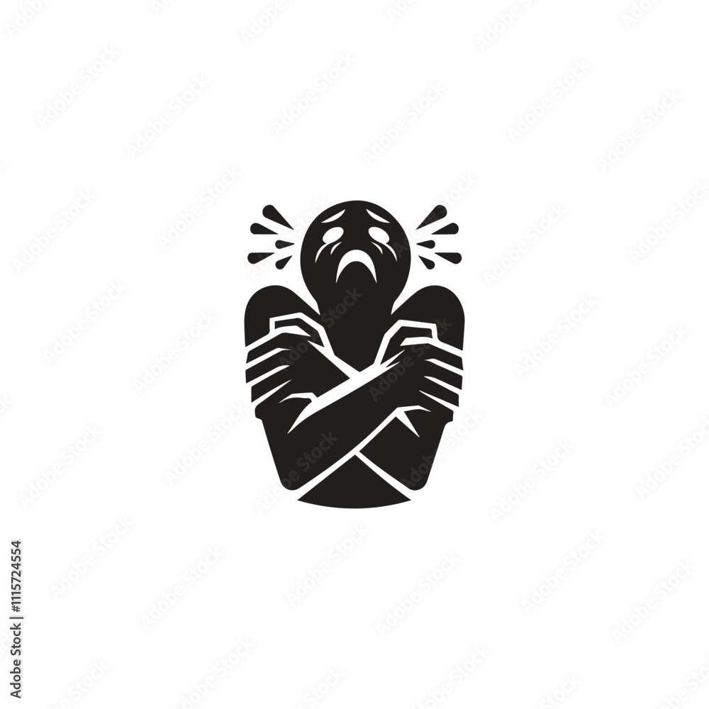 Obraz premium PrintBlack and white illustration depicting a person in a gesture of fear or anxiety, with closed eyes and crossed arms. Represents emotional distress and intense feelings.