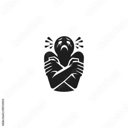 PrintBlack and white illustration depicting a person in a gesture of fear or anxiety, with closed eyes and crossed arms. Represents emotional distress and intense feelings.