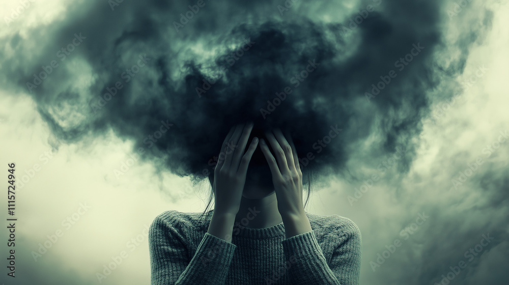 Naklejka premium Ciemna chmura nad głową człowieka to symbol depresji i problemów zdrowia psychicznego, ilustrujący emocjonalne wyczerpanie oraz niepokój, jakie towarzyszą tym stanom.