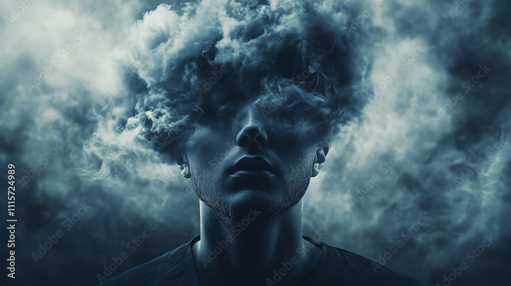 Naklejka premium Ciemna chmura nad głową człowieka to symbol depresji i problemów zdrowia psychicznego, ilustrujący emocjonalne wyczerpanie oraz niepokój, jakie towarzyszą tym stanom.
