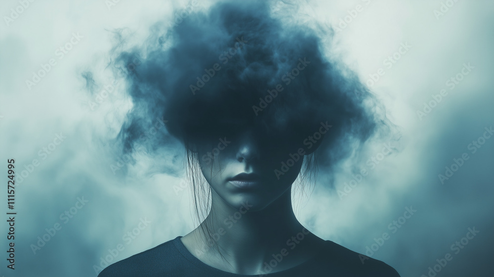 Naklejka premium Ciemna chmura nad głową człowieka to symbol depresji i problemów zdrowia psychicznego, ilustrujący emocjonalne wyczerpanie oraz niepokój, jakie towarzyszą tym stanom.