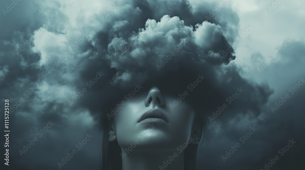 Naklejka premium Ciemna chmura nad głową człowieka to symbol depresji i problemów zdrowia psychicznego, ilustrujący emocjonalne wyczerpanie oraz niepokój, jakie towarzyszą tym stanom.