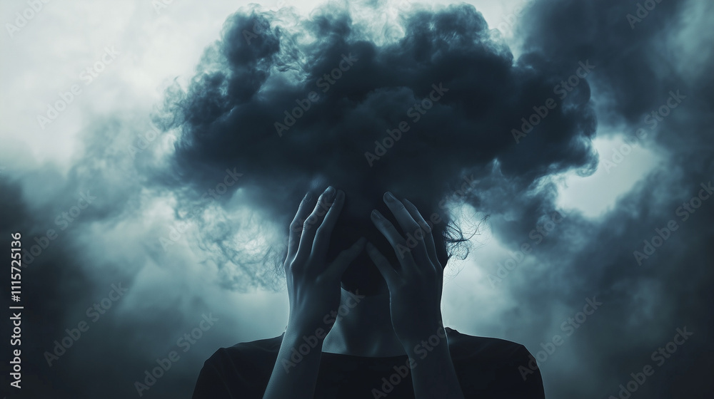 Naklejka premium Ciemna chmura nad głową człowieka to symbol depresji i problemów zdrowia psychicznego, ilustrujący emocjonalne wyczerpanie oraz niepokój, jakie towarzyszą tym stanom.