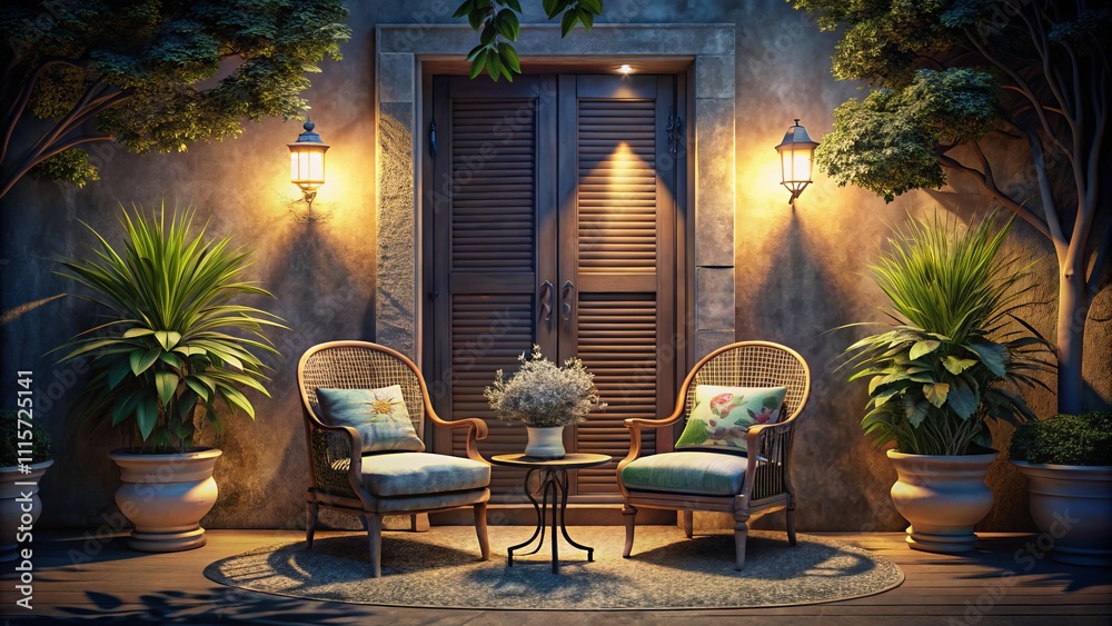 Fototapeta premium Serene Night Scene with Two Elegant Chairs in Front of a Shuttered Door, Bathed in Soft Moonlight – Ideal for Home Decor and Interior Design Concepts
