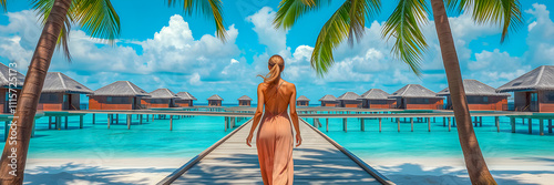 Beautiful tourist woman walks on sandy beach with turquoise ocean palm trees and water villas in the Maldives. Happy tourism summer vacation background design. Blue sky, summertime vibes, carefree. Ai