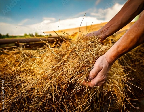 Close-up of hands collecting golden hay in a sunny rural field, symbolizing farming, agriculture, and manual labor.