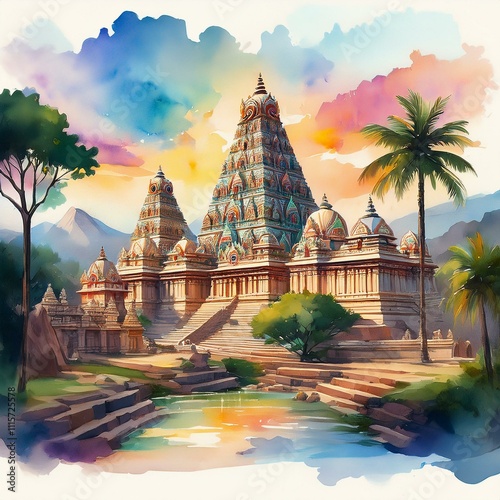 Dravidian Marvels: Watercolor Panoramic View of Tamil Nadu Temples