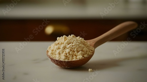 Wooden spoon filled with gram flour on a marble surface. Close-up shot of light beige powder. photo