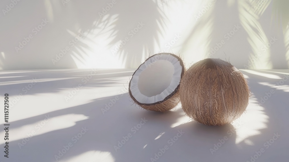 Obraz premium Halved Coconut on White Background with Soft Lighting